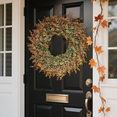 Large Artificial Eucalyptus Wreath with Orange Fall Leaves and Seed Accents, Full Natural-Look Harvest Wreath for Front Door, Porch, Window, Wall, and Farmhouse Seasonal Home Decor