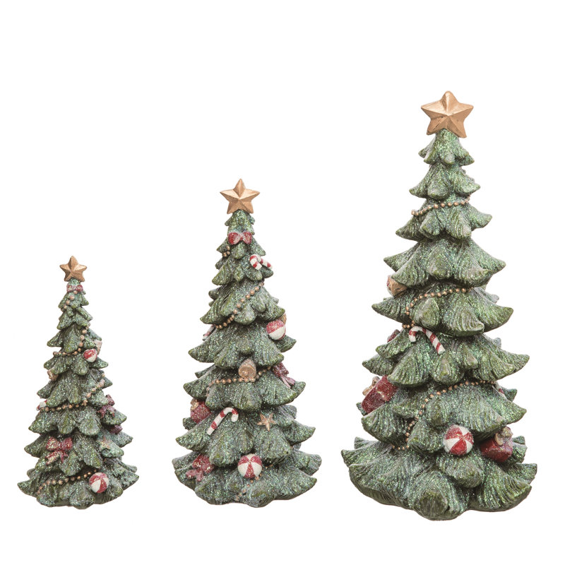 Ensemble de 3 figurines d'arbre de Noël scintillantes en résine - Sculptures d'arbre vert décoratives pour une utilisation intérieure, parfaites pour la décoration de table et de manteau de cheminée, idéales pour les cadeaux et les cadeaux d'hôtesse