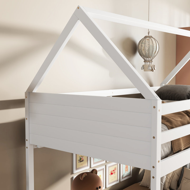 White Rubber Wood Twin Over House Floor Bunk Bed - And Secure For ' Rest In With Stable Protected Guardrails, White