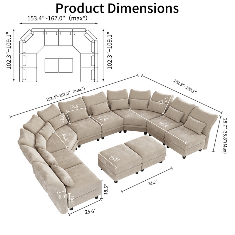 Bernel 130" Wide Chenille Modular Sectional with Ottoman, Ivory Microfiber/Microsuede