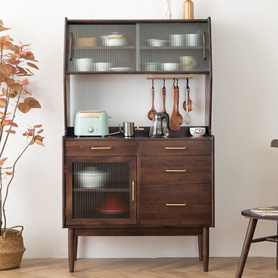 Buffet en noyer massif + bois manufacturé + verre