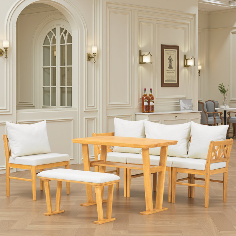 Ensemble de coin-repas Farmhouse - table basse 6 pièces avec banc et chaises (naturel / blanc)
