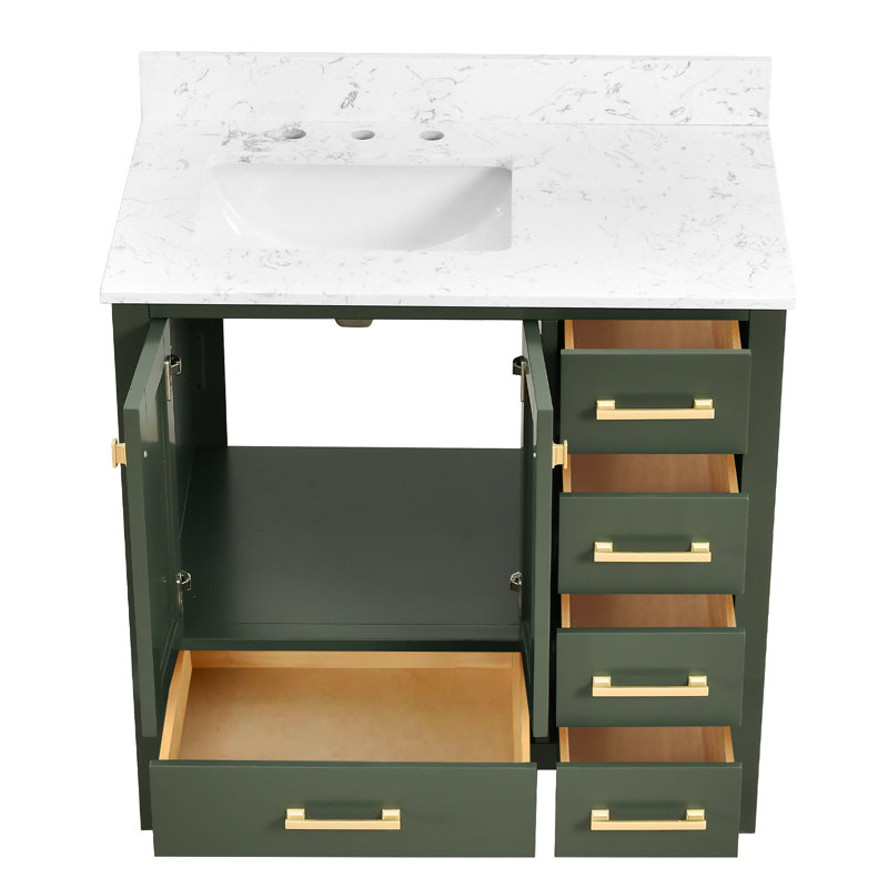 36-inch Bathroom Vanity With Engineered Stone Top, Brushed Gold, Green