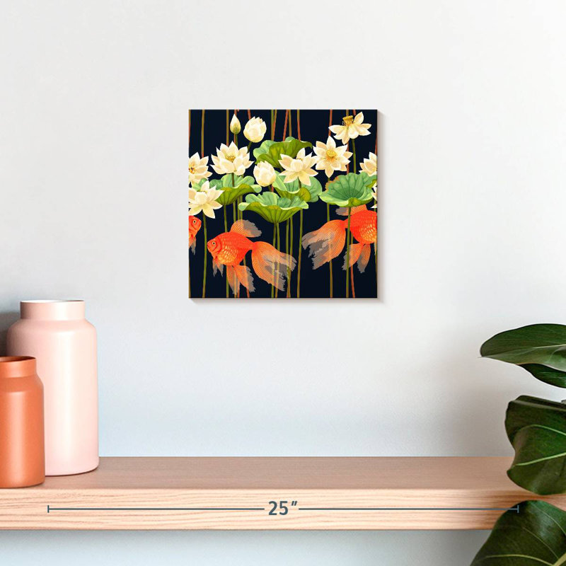 Poisson rouge et fleurs de lotus, H 10 po x l 10 po