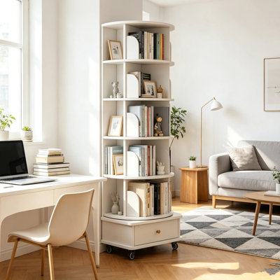Rotating Bookshelf With Drawer, 360 Display 6 Tier Corner Bookshelf For Small Space, Floor Standing Bookcase Storage Rack, Wood Narrow Book Shelf Organizer For Bedroom (WHITE)