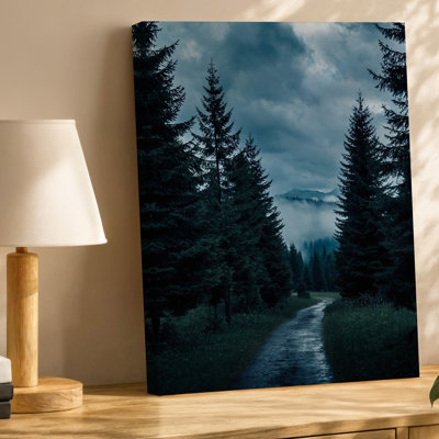 Canvas A Dark Moody Forest Scene Featuring A Winding Dirt Path Wall Art Disappearing Into The Distance Flanked By Tall Dense Evergreen Canvas Wall Art