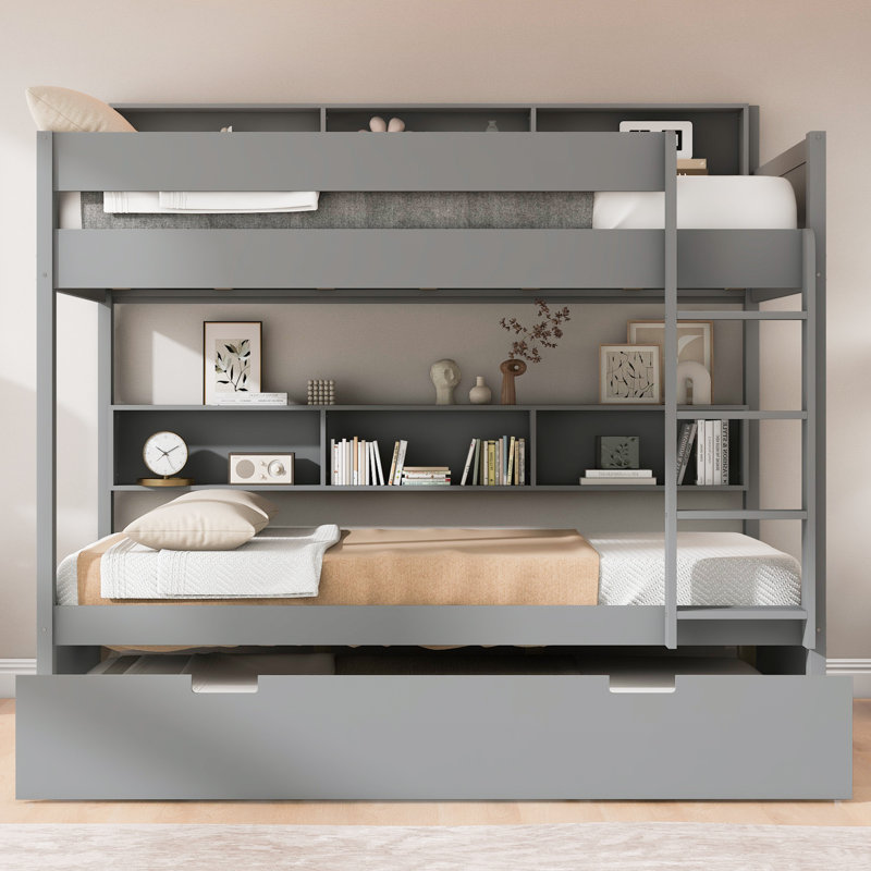 Lit superposé en bois avec lit gigogne et tablettes de rangement intégrées Nelson, Gray, Lit superposé double sur double