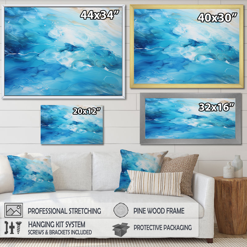 Décoration murale azur bleu lagon - plage et océan, H 30 po x l 40 po x P 1,5 po, Cadre flottant blanc