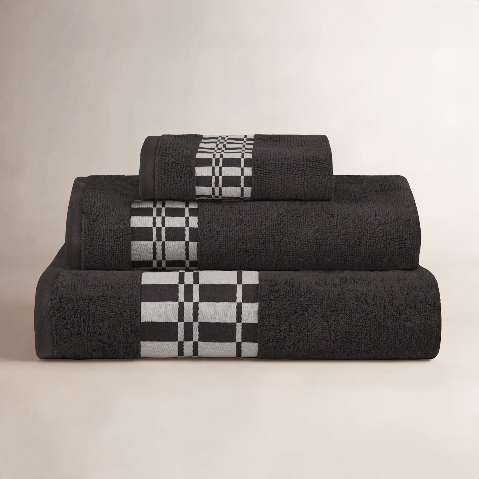 Davis 3-Piece Geometric Cotton Towel Set, Black