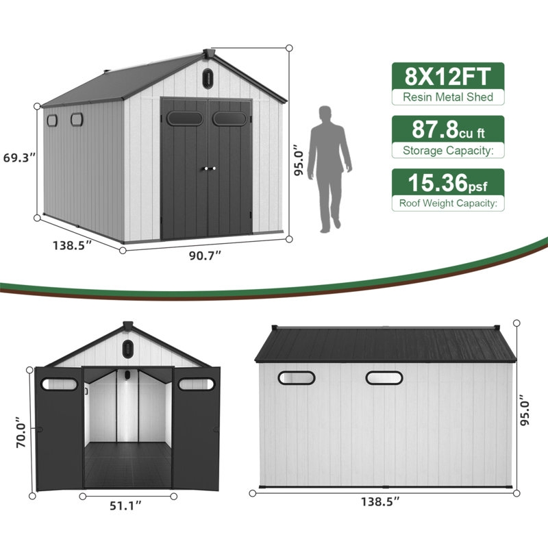8 pi L 12 pi. D Remise de rangement en plastique avec plancher, 95" H x 138.5" W x 90.7" D