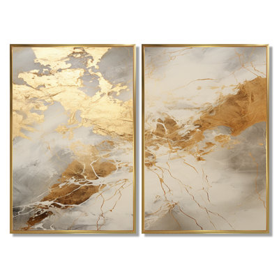 Beige And Gold Marble Lightning - Abstract Shapes Canvas Prints, Beige Abstract Wall Art Set Of 2