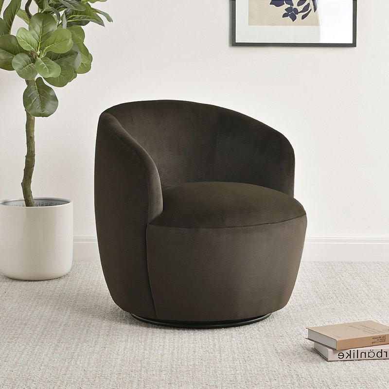 27" Wide Velvet Small Swivel Barrel Accent Chair, Brown