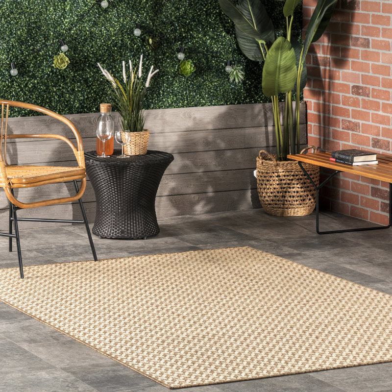 Malaya Herringbone Power Loom Indoor/Outdoor Rug, Square 6'7", Brown/Tan