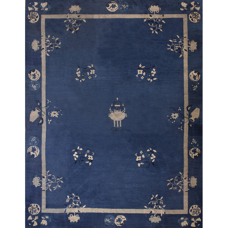 Rectangular Shape Blue Color Floral Pattern Hand Knotted Pile Antique Chinese Peking Rug