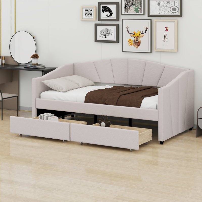 Lit de jour rembourré avec deux tiroirs, Beige