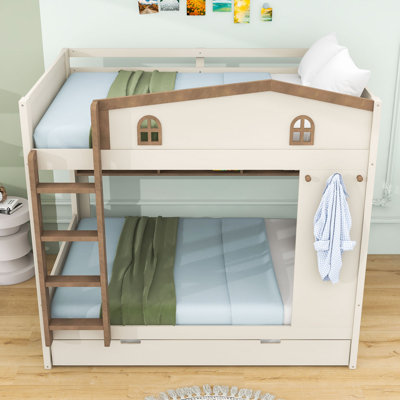 Wood Bunk Bed with Trundle and Built-In Shelves