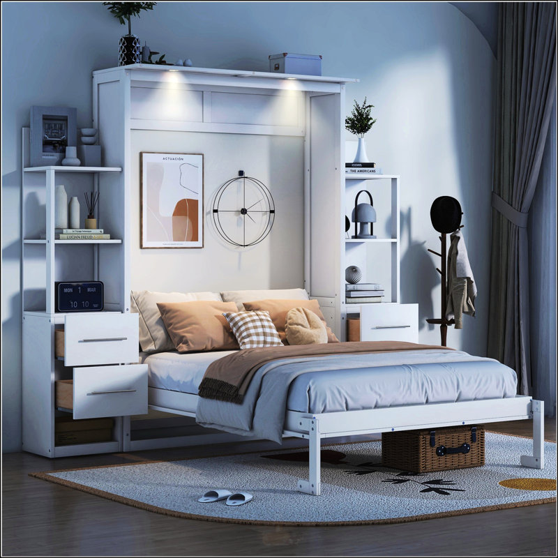 Lit escamotable double pleine grandeur avec tablettes, Double, Blanc