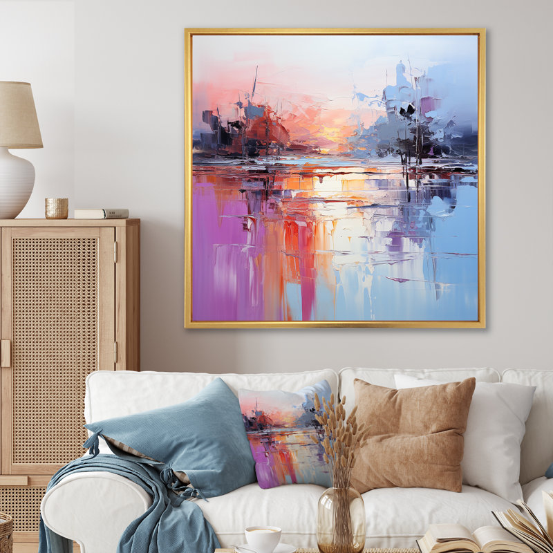 «Mauve et bleu», impression d'art mural abstrait, Cadre flottant doré, H 36 po x l 36 po x P 1,5 po