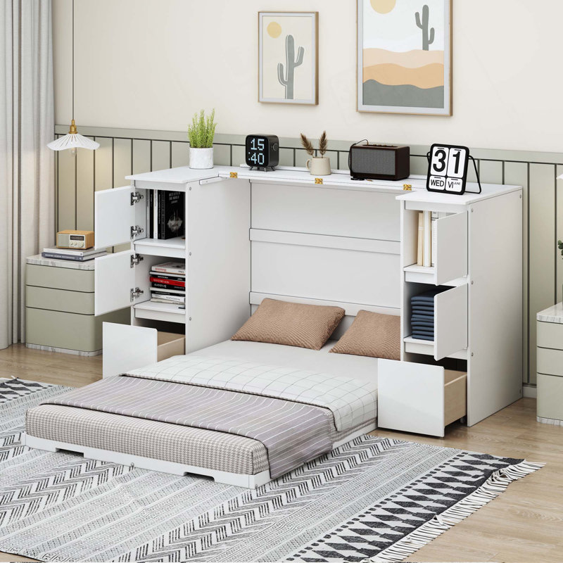 Lit escamotable avec tiroirs, armoires et ports USB, Simple, Blanc