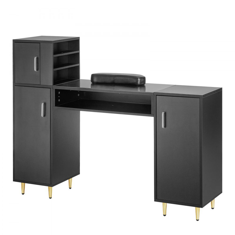 Table de manucure, bureau à clous en verre, poste de maquillage avec armoires de rangement, Noir, noir, noir, noir