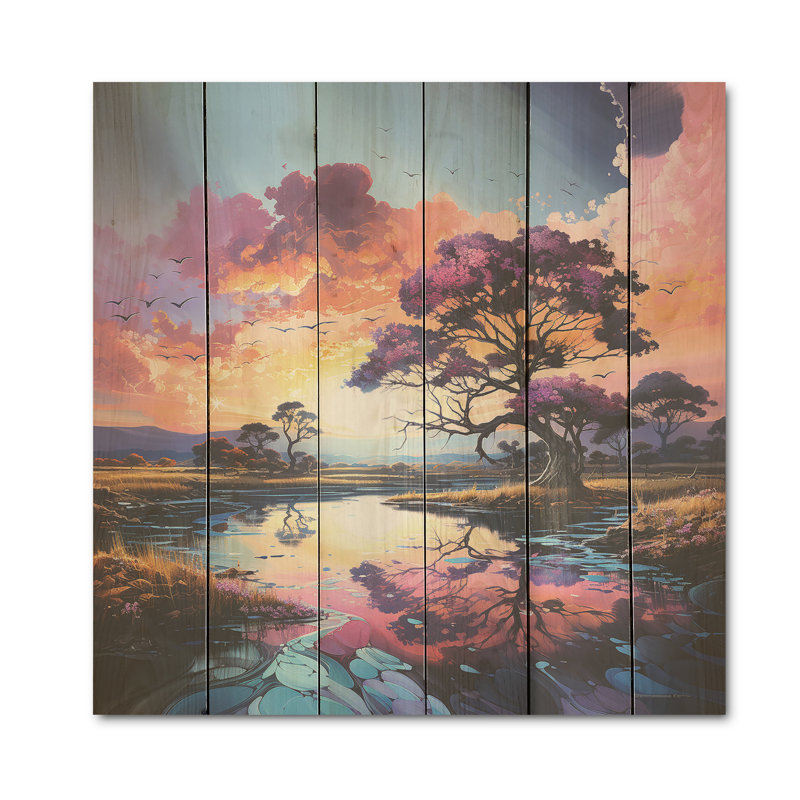 «Charmant Dessert Sky At Sunset I» - Art sur bois de pin naturel, H 30 po x l 30 po