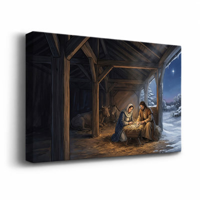 " Nativity Scene with Animals in Barn Under Starry Christmas " Painting