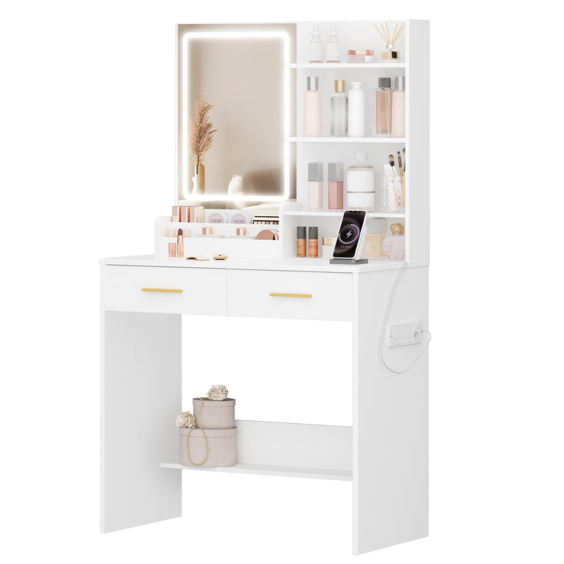 Dressing Table With LED Light, 2 Sockets And 2 USB Ports Dressing Table With 2 Drawers And 4 Open Shelves