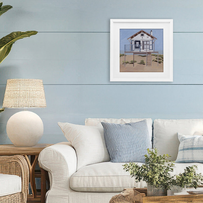 «Silent Shores Beach House», reproduction sous verre encadrée, design par Melissa Wang, H 16 po x l 16 po, Cadre blanc côtier