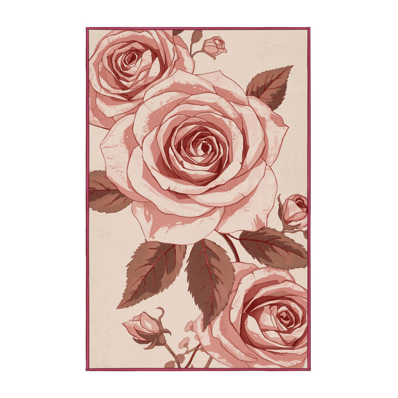 Machine Washable Highbridge Valentines Modern & Contemporary Abstract Rug in Beige – Rose Binding, 7x10
