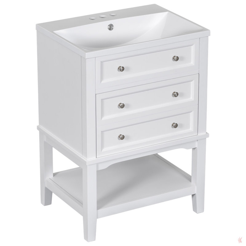 Meuble-lavabo 24 po avec lavabo, armoire de rangement avec tiroir et tablette ouverte, structure en bois massif, blanc
