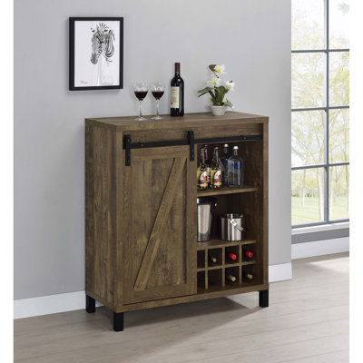 Armoire de style bar avec finition en chêne rustique et porte coulissante, idéale pour ranger les accessoires en verre idéal pour la salle à manger