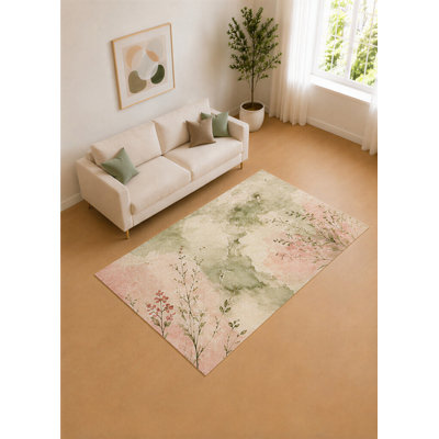 Tapis de jardin aquarelle vert sauge et rosé 5 pi x 7 pi «Ultra Léger» pour le salon, tapis doux à poils courts avec envers en silicone antidérapant, décoration pour la chambre à coucher et le bureau personnel