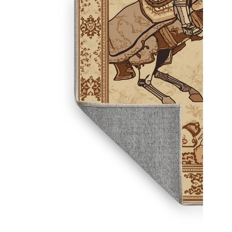 Machine Washable Takengon Medieval Knight Joust Ornate Traditional Oriental Rug in Brown – Beige Binding, 3x5