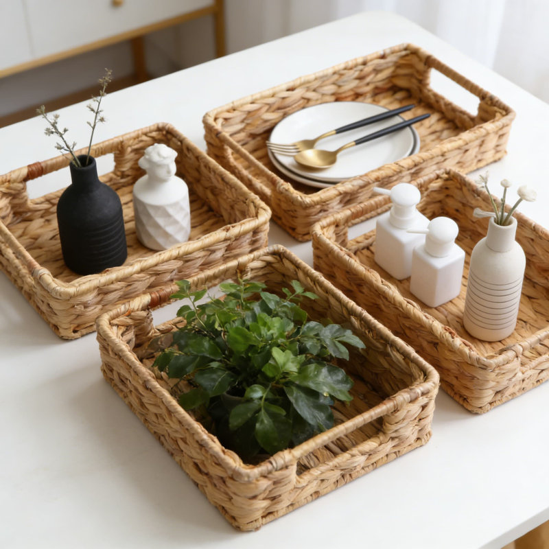 Paniers de rangement tissés en jacinthe d'eau, lot de 4 organisateurs rectangulaires peu profonds avec poignées pour tablettes, comptoir, salle de bain et garde-manger, paniers en osier décoratifs naturels pour l'organisation à la maison