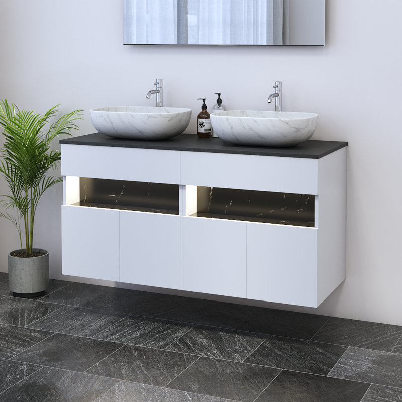 Meuble-lavabo double 47,2 po avec comptoir Lieke, Noir, Blanc