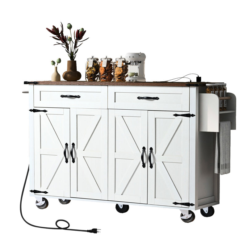Rolling Kitchen Cart With Ample Storage And Drop Leaf, 53.5''W X 28.64''D 36.5''H, Style Island, White Brown Island Leaf Power Supply, 53.5"W 28.64"D 36.5"H, Brown, For Dining Area