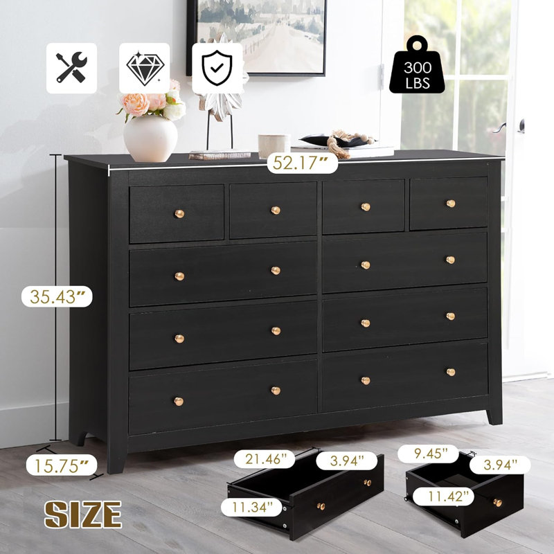 10 Drawer Dresser for Bedroom, 52" Chest of Drawers with Deep Drawers, Long TV Stand Dresser, Modern Wooden Storage Dresser