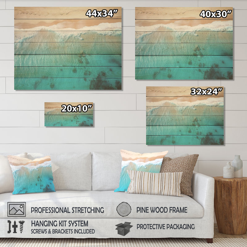Blue Tranquillity Beach Aerial View I - Beach On Wood Print, 10" H x 20" W x 0.78" D