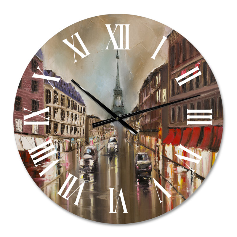 Horloge murale traditionnelle Quiet Rainy Street en gris Paris, Surdimensionné