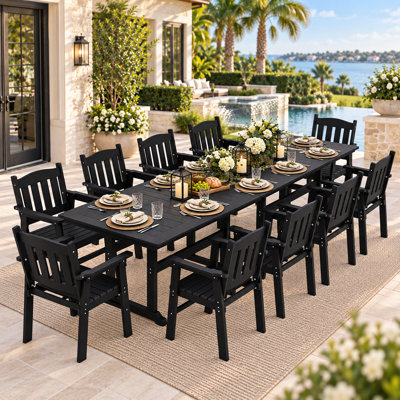 10 - Person All Weather HDPE Outdoor Table and Stackable Chairs 12 Pieces Patio Dining Sets Outside Furniture With Umbrella Hole& Aluminum Frame Modern Patio Dining Set for 10 Person For Outside Backyard/Porch/Deck, 2-Tables 10-Stackable Chairs, Black