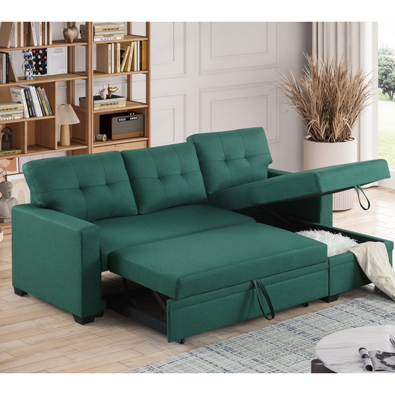 Canapé modulaire convertible rembourré avec méridienne coulissante, Lin vert, Orienté vers la gauche