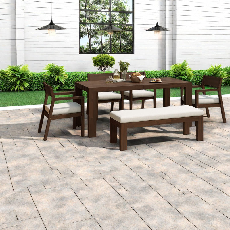 Ensemble de salle à manger de patio rustique en bois, table spacieuse avec coussins pour le jardin