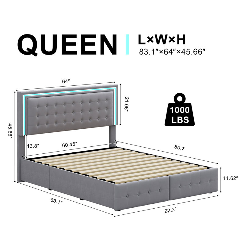 Led Bed Frame With 4 Storage Drawers, Smart Control RGB LED Lights On  Headboard,With Remote Control, Upholstered Adjustable Headbaord