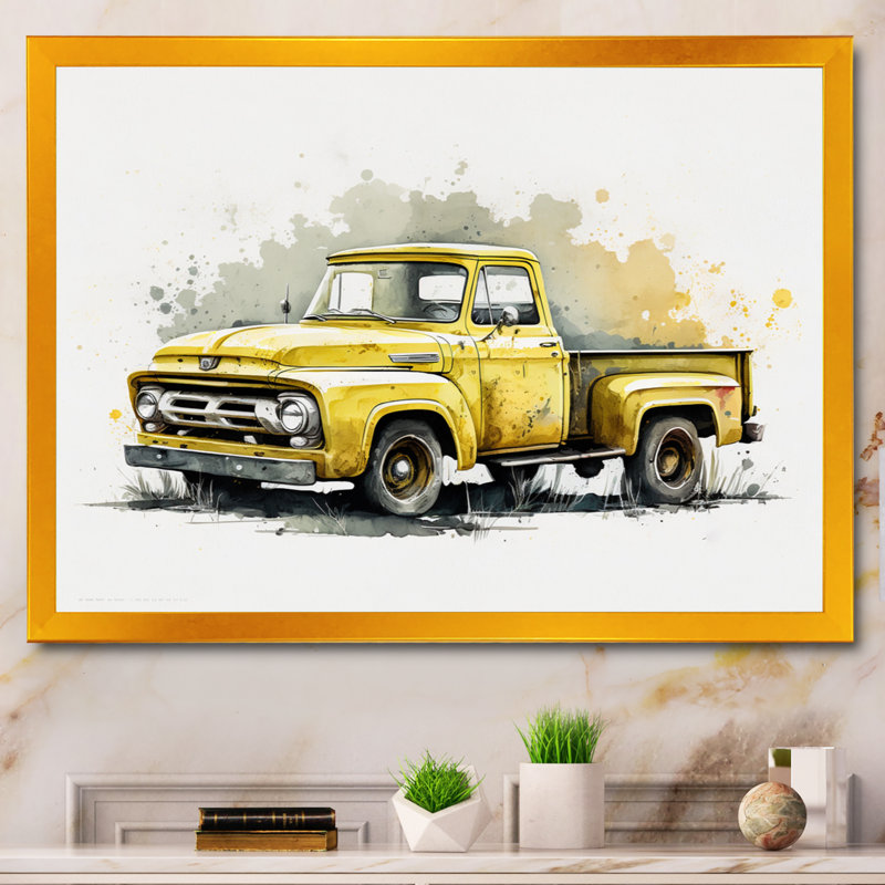 «Yellow and Cream Retro Treasures» - impressions sur toile de voiture rétro, Encadrement doré, H 24 po x l 32 po