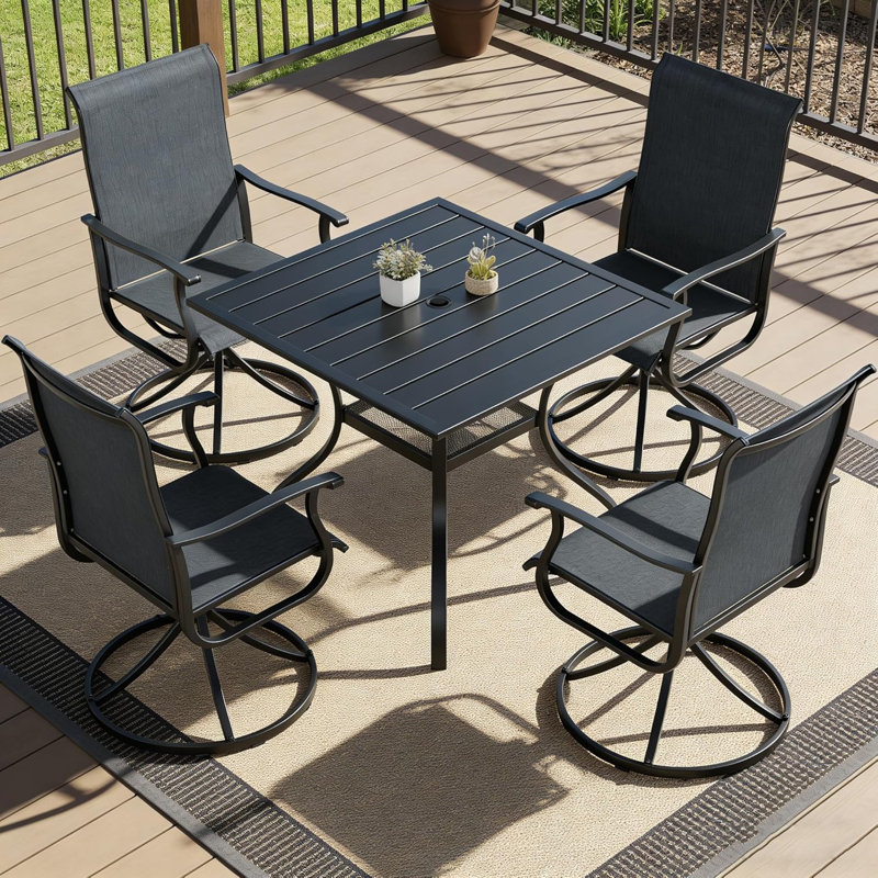 Ensemble de salle à manger de patio pour 4 personnes avec table de salle à manger carrée en métal et chaises berçantes pivotantes (noir et gris)