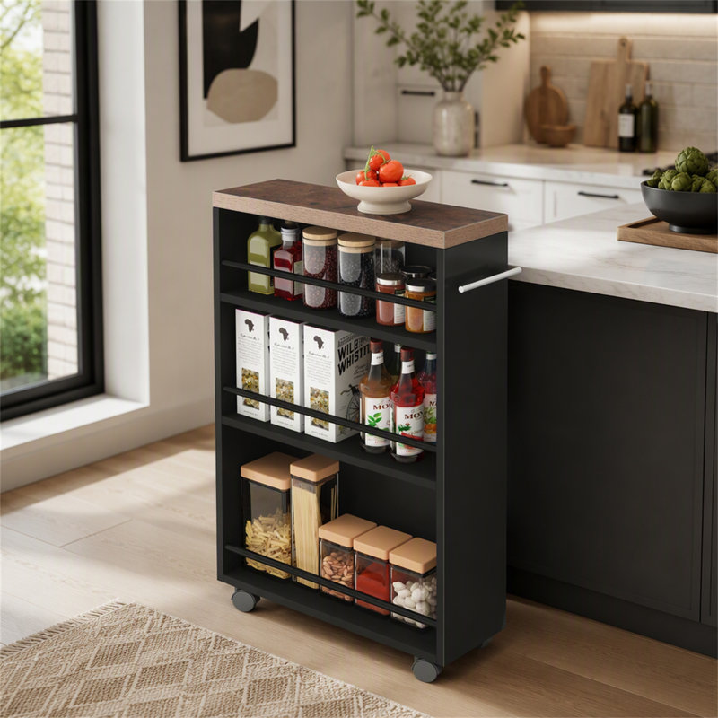 Chariot de rangement à 4 niveaux, chariot de cuisine étroit et mobile pour petits espaces, Black