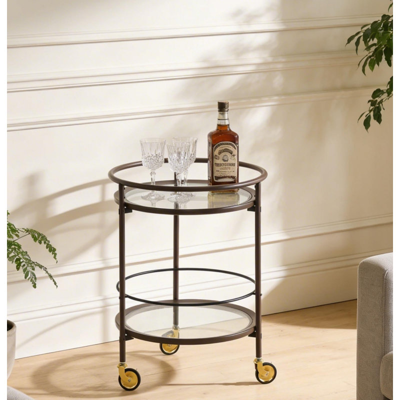 Chariot-bar rond brun moderne avec tablettes en verre trempé et roulettes verrouillables dorées, Espresso