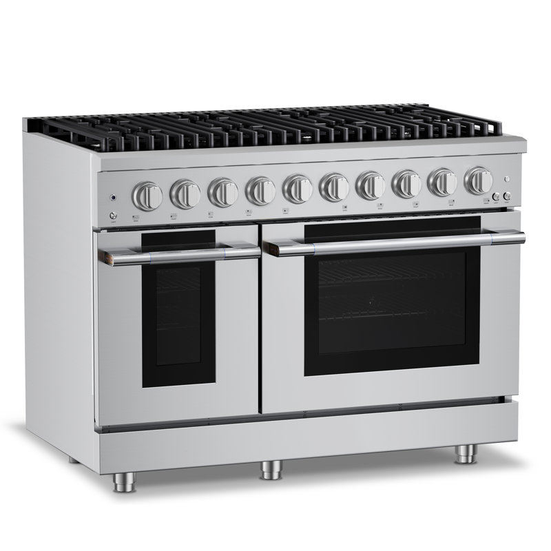 Hauslane 48" Dual Fuel Range In Stainless Steel | 8 Burners Up To 20,000 Btus | 6.7 Cu. Ft. Double Convection Oven With 5 Rack Positions | Convertible Ng/Lp | Cool-Touch Triple-Layer Door