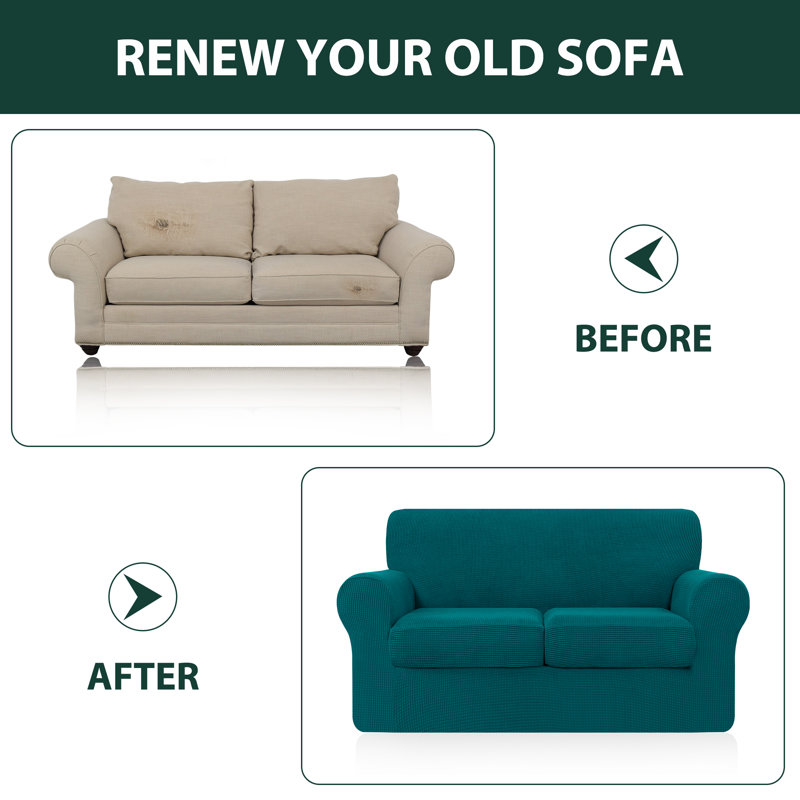 Textured Grid Soft Stretch Separate Box Cushion Sofa Slipcover, 104cm H x 178cm W x 107cm D, Green