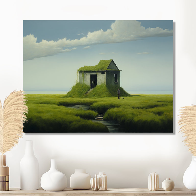 Désert maison de campagne verte nostalgie - impression d'art mural paysage, Métal métal, H 30 po x l 40 po x P 1,5 po